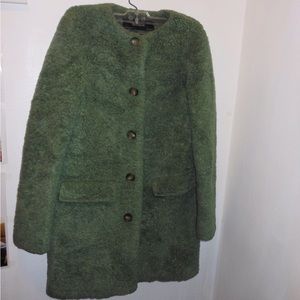 ZARA Basics Outerwear Green Long Fuzzy Jacket Coat Buttons Size XS